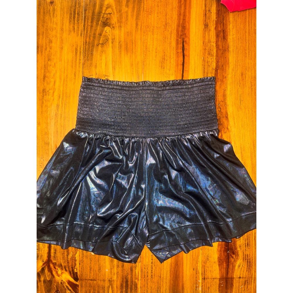 Blue B Evening Blue Metallic Smocked Waist Shorts Holographic Festival Large NEW